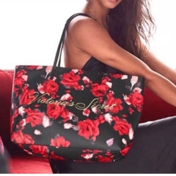 Victoria's Secret Limited Edition Large Red Floral Rose Tote Bag - Picture 1 of 8